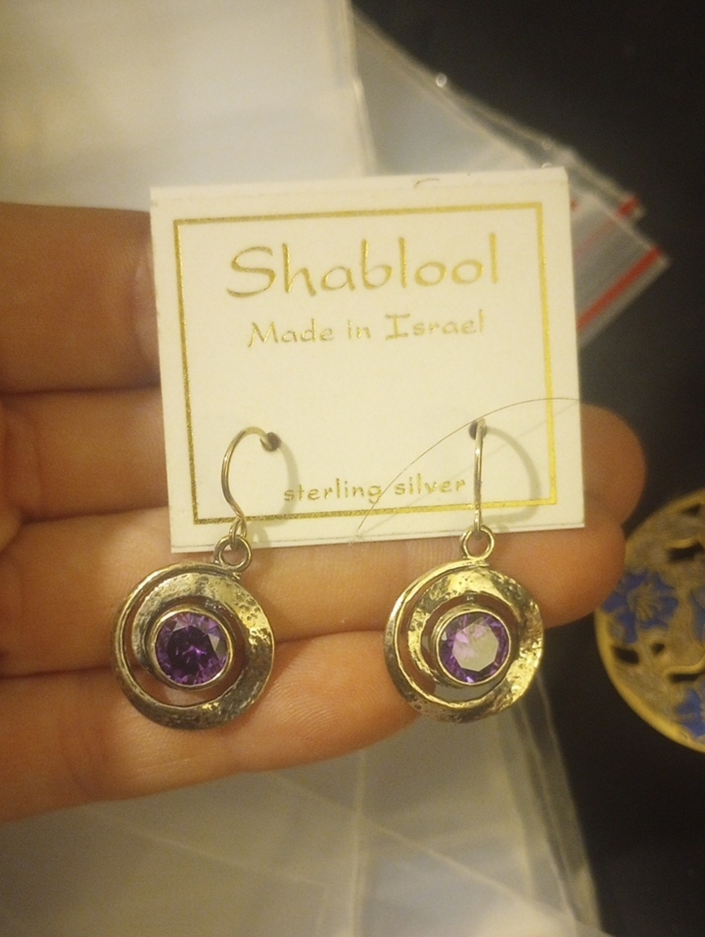Shablool Silver Jewelry Design Gold-Tone Earrings with Purple Stones